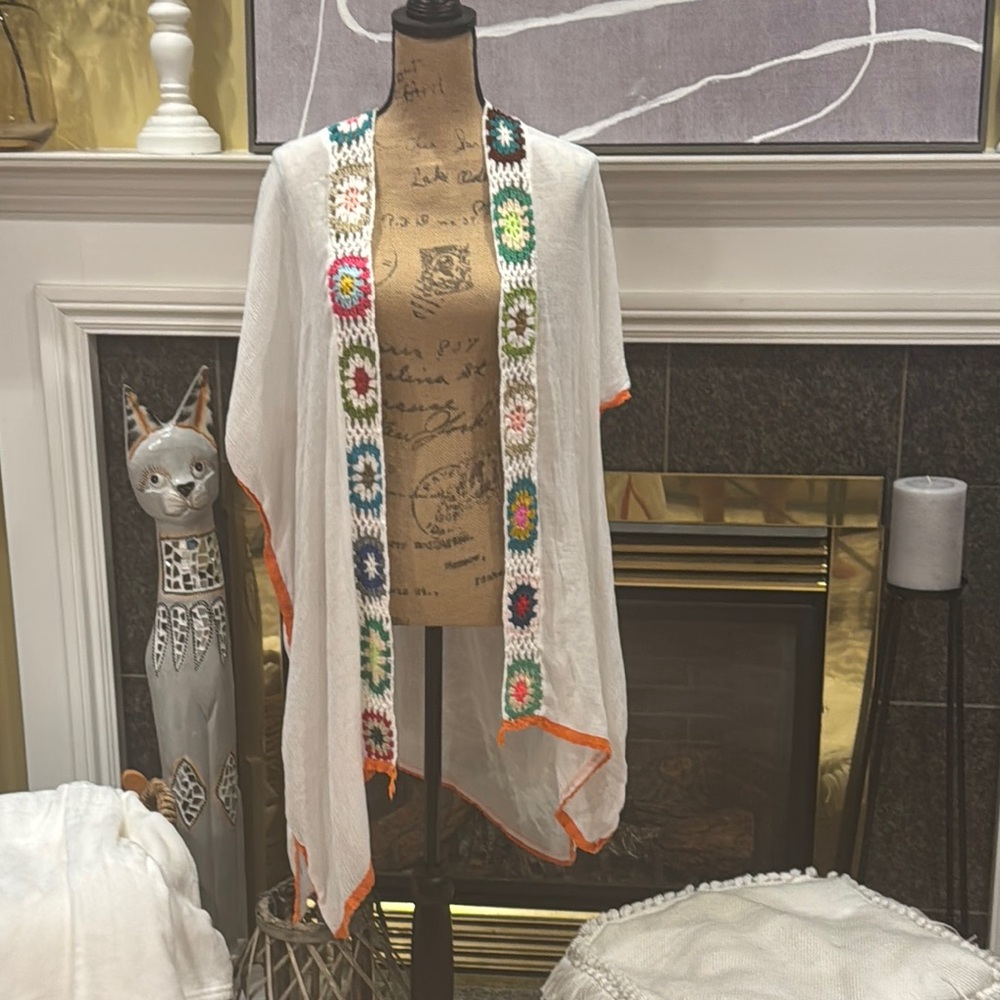 White Kimono with Colorful Crochet Trim